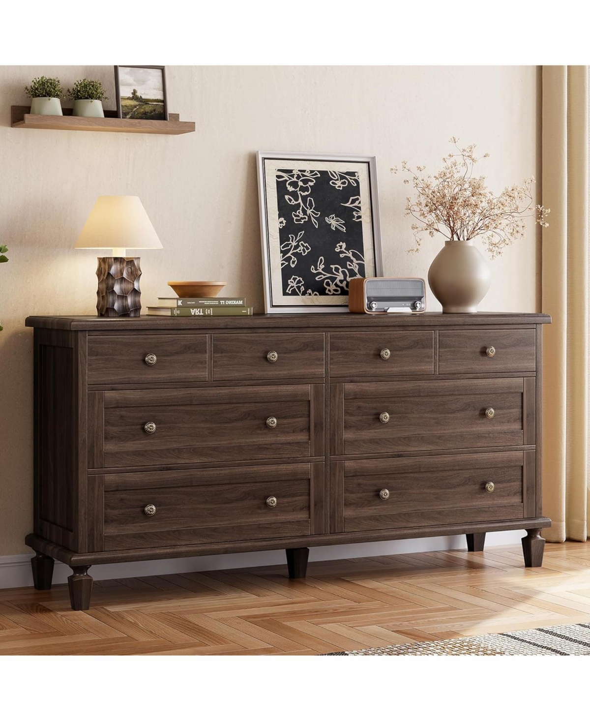 gaomon 8 Drawer Dresser for Bedroom, Vintage 59" Long Dresser Tv Stand with Carved Handles and Tapered Legs, Wood Chests of Drawers - Dark brown