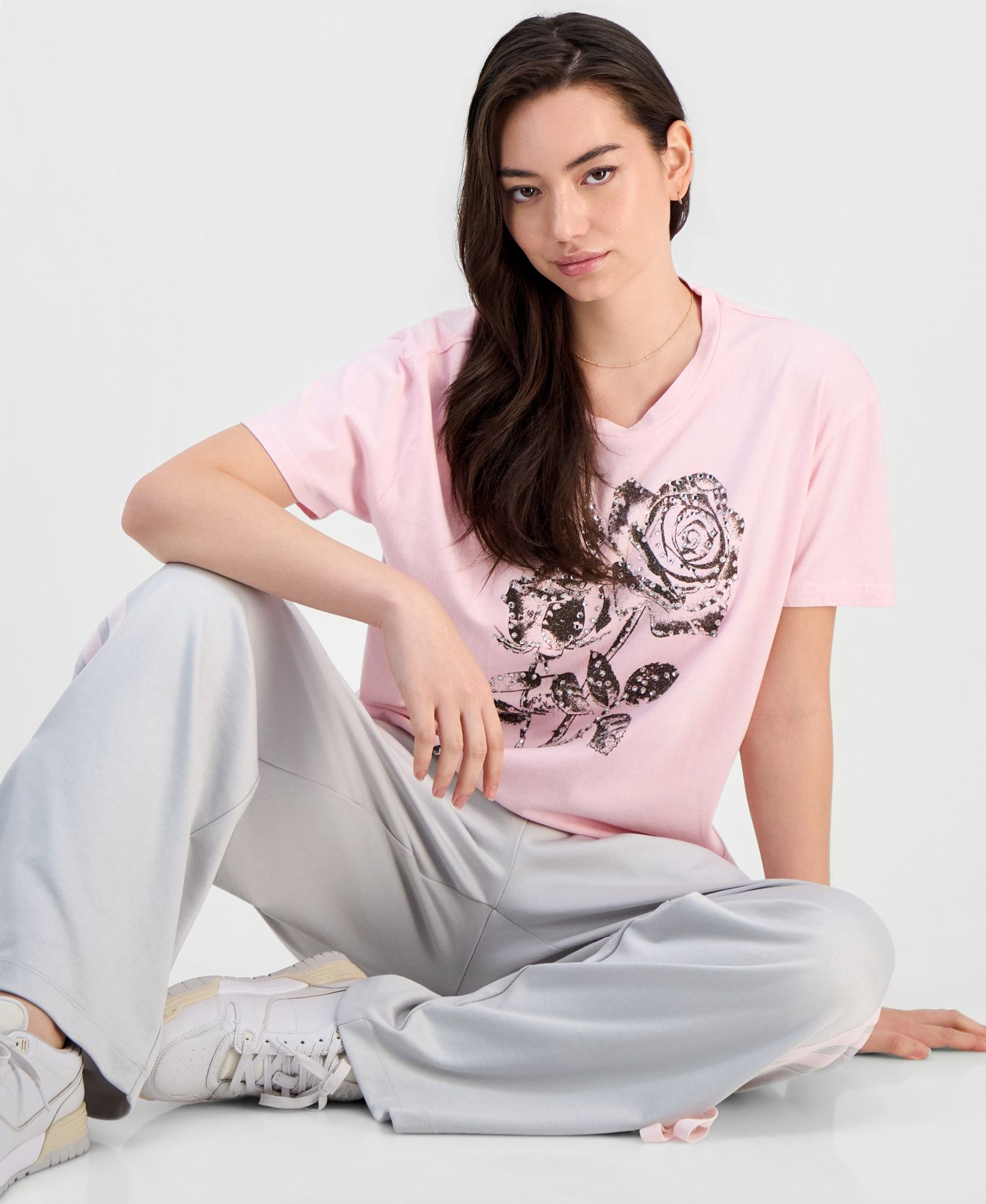 Juniors' Rose Mineral-Wash Rhinestone Short-Sleeve T-Shirt