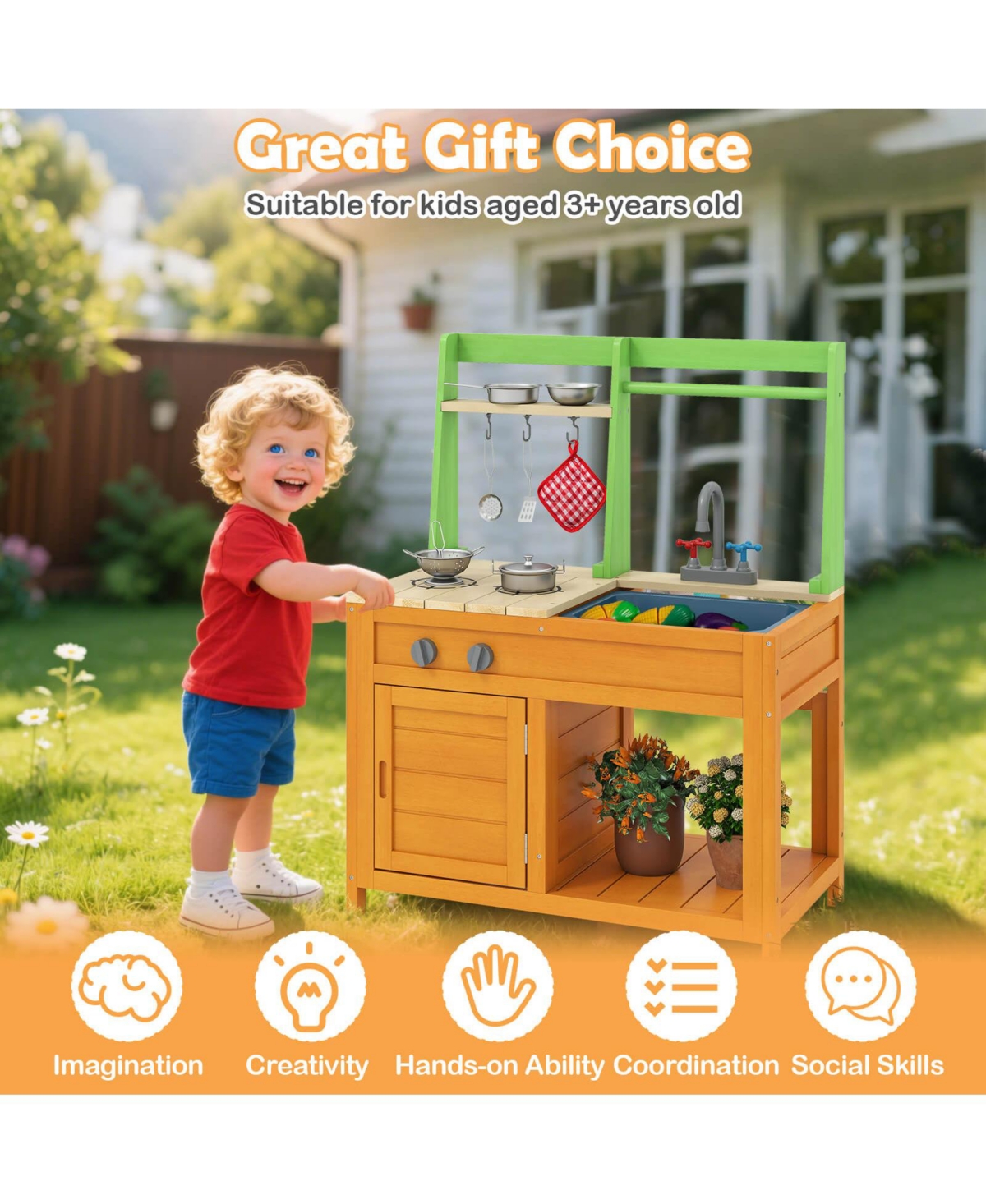 Costway Mud Kitchen for Kids with Realistic Stoves Faucet Sink Oven and Cookware Accessories