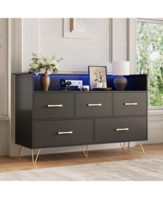 47" Wide 5 Drawer LED Dresser with Charging Station, Modern Wood Chest for Bedroom, Nursery, Hallway