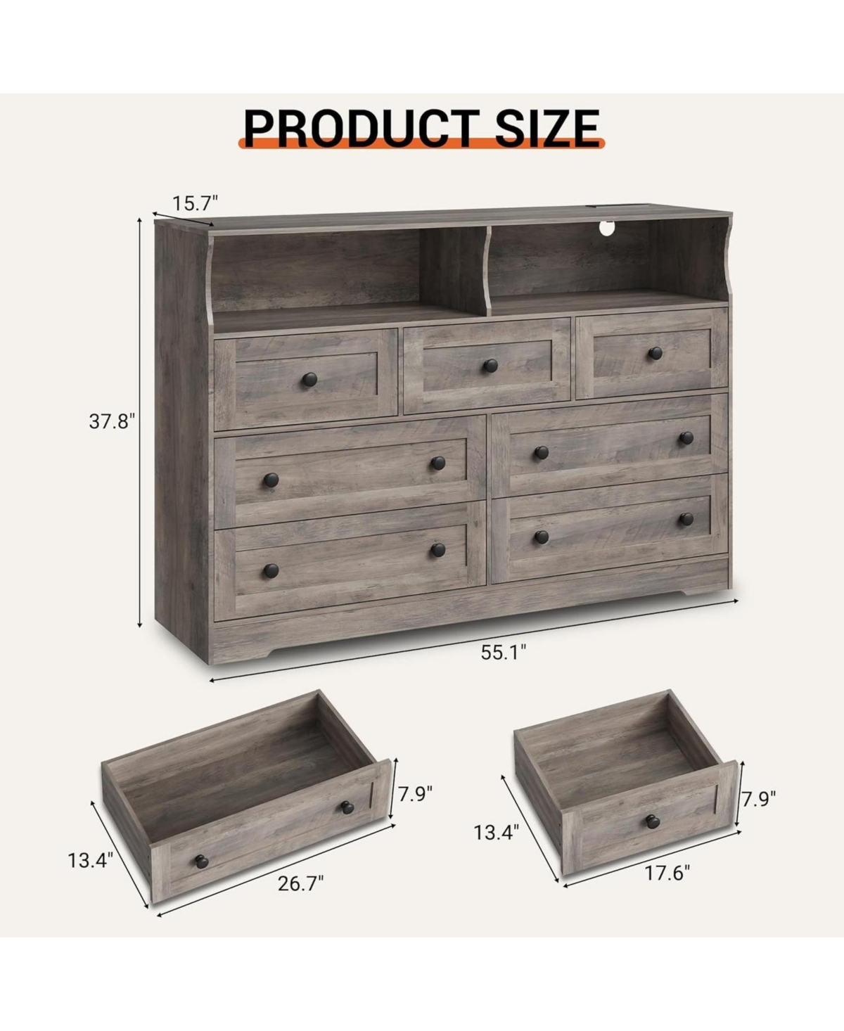 gaomon 7 Drawer Wood Dresser with Usb Charging & Led Lights, 2 Open Cubbies