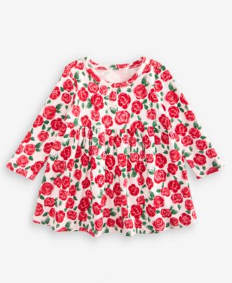 First Impressions Baby Girls 0M-24M Long-Sleeve Cotton Rose-Print Dress Macys Exclusive - Pink Polish 21$