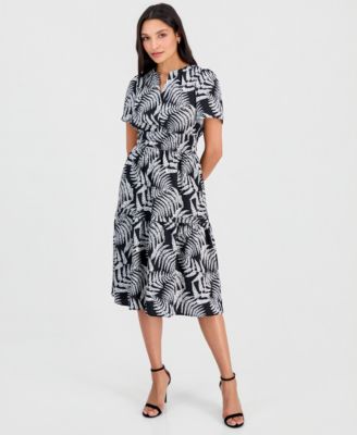 Women's Printed Smocked-Waist Short-Sleeve Midi Dress