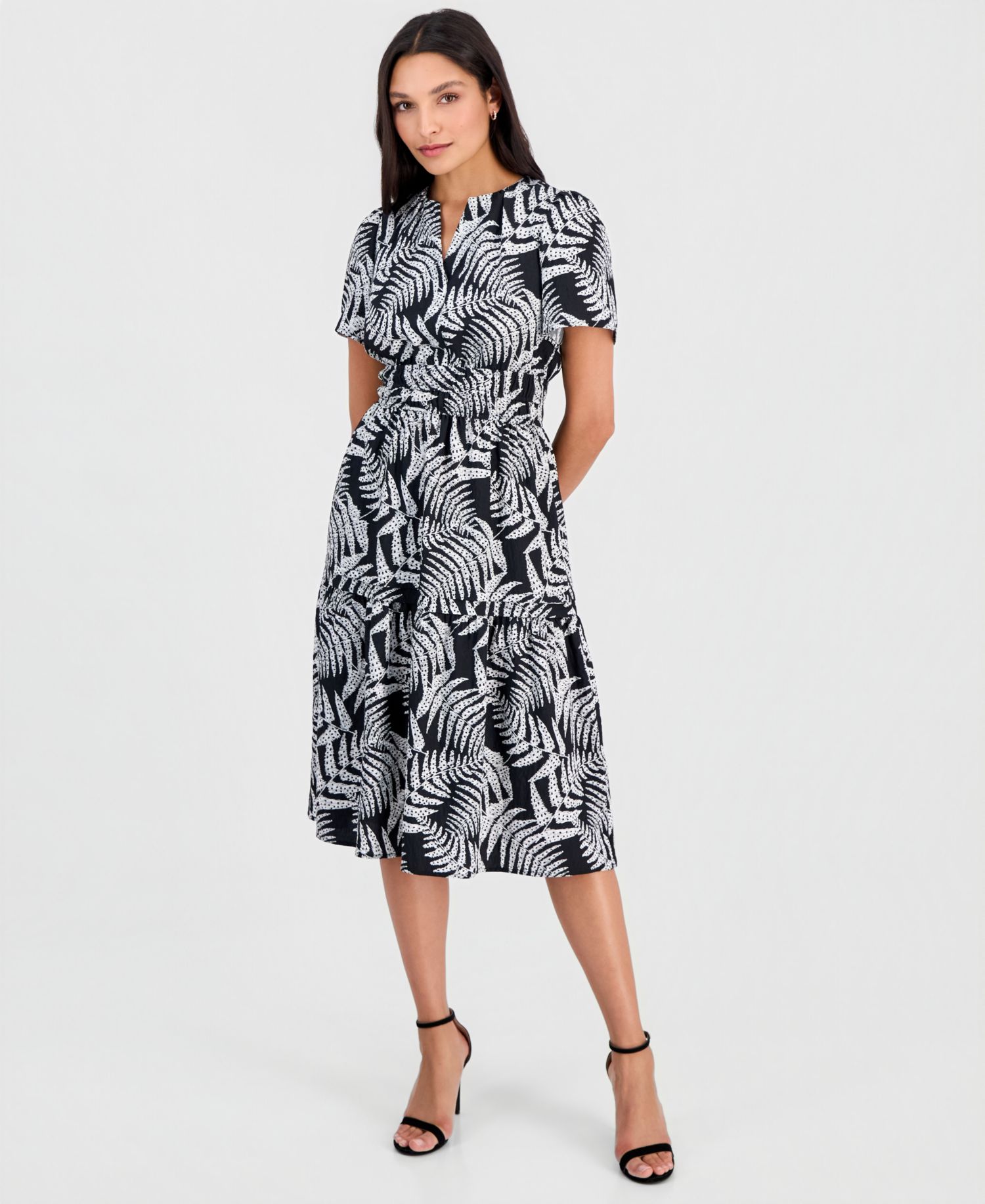 Women's Printed Smocked-Waist Short-Sleeve Midi Dress