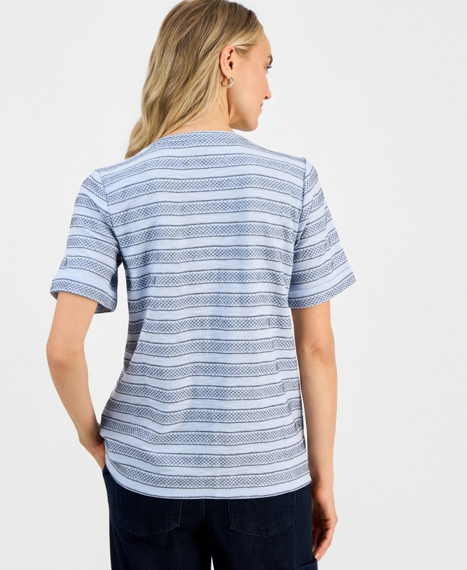 Petite Striped Split-Neck Short-Sleeve Top