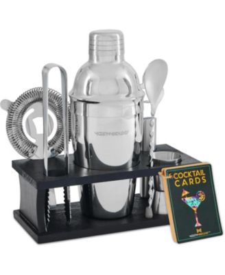 Bartender Kit - 8-Piece Cocktail Shaker Set with Wood Stand, Recipe Cards, and Bar Accessories Ideas by Mixology