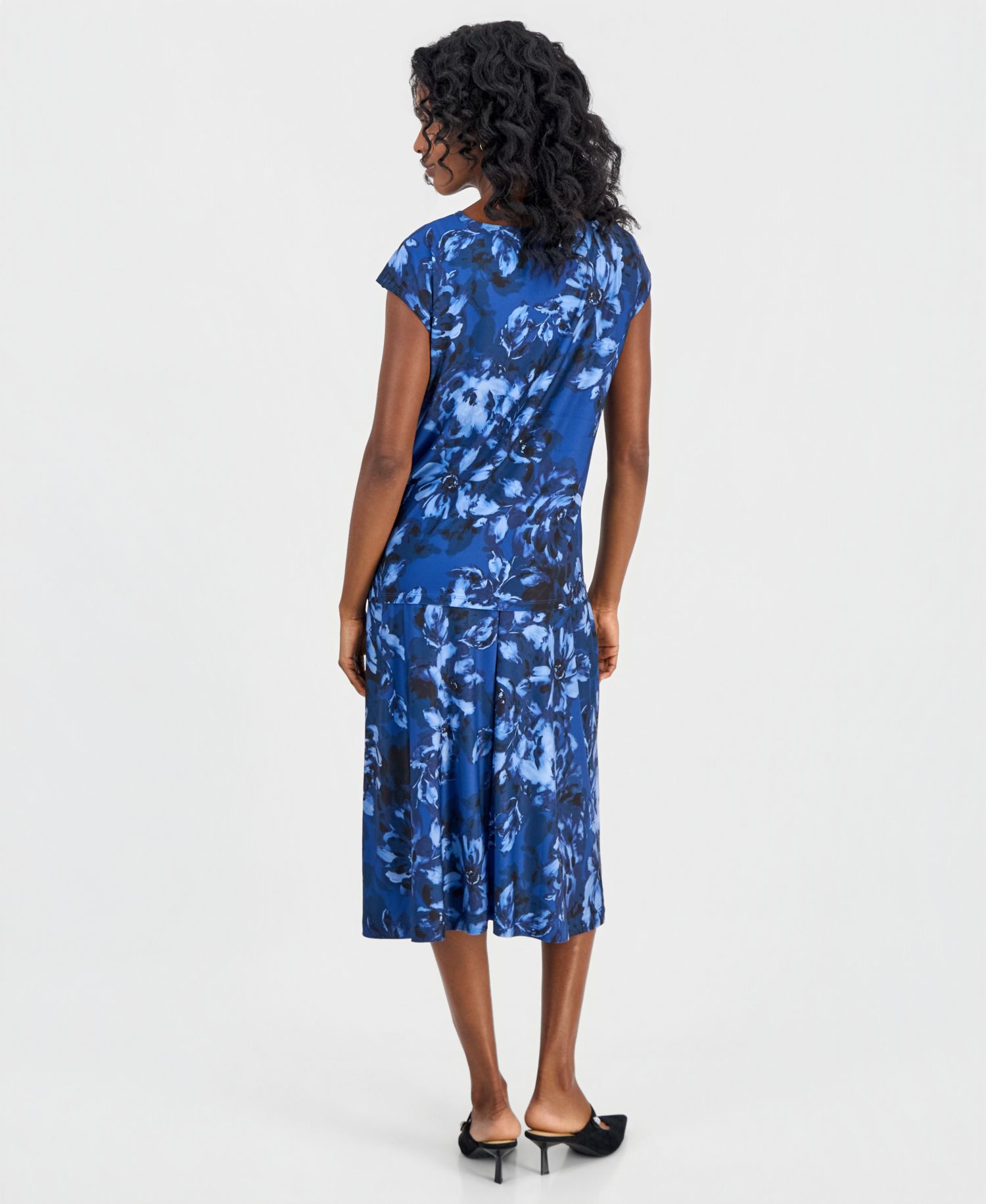 Women's Printed Bow-Neck Extended-Shoulder Top & Pull-On A-Line Midi Skirt