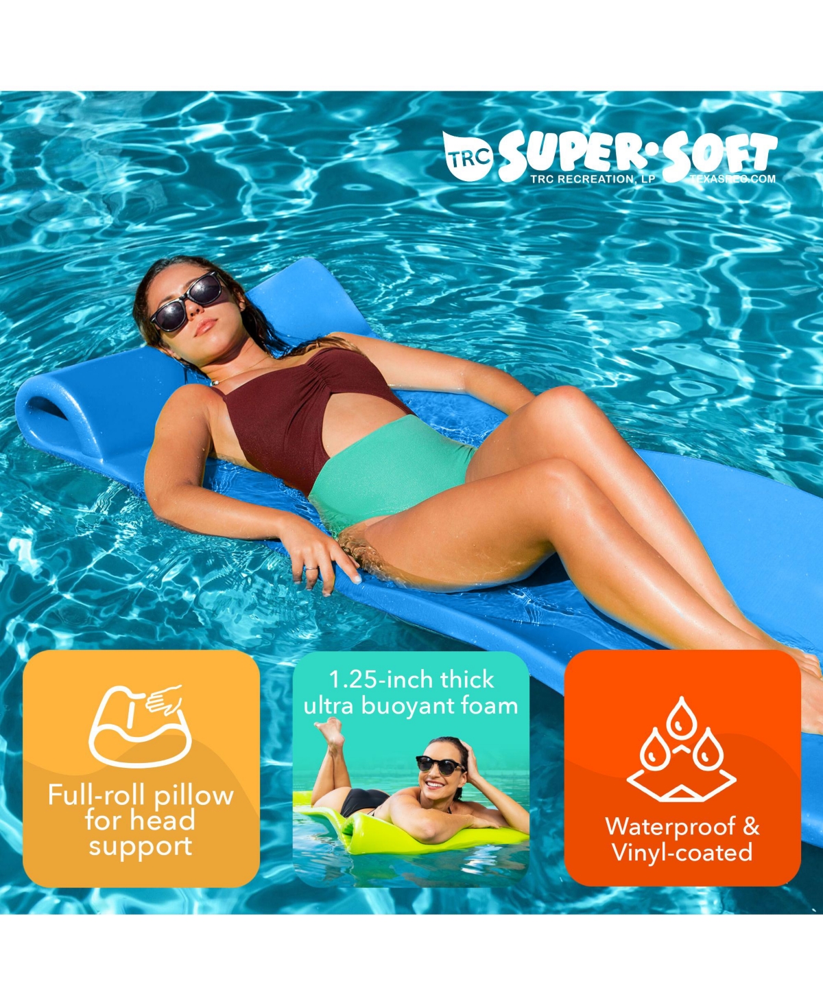Trc Recreation Splash 1.25" Thick Foam Swimming Pool Float Mat, Bahama Blue