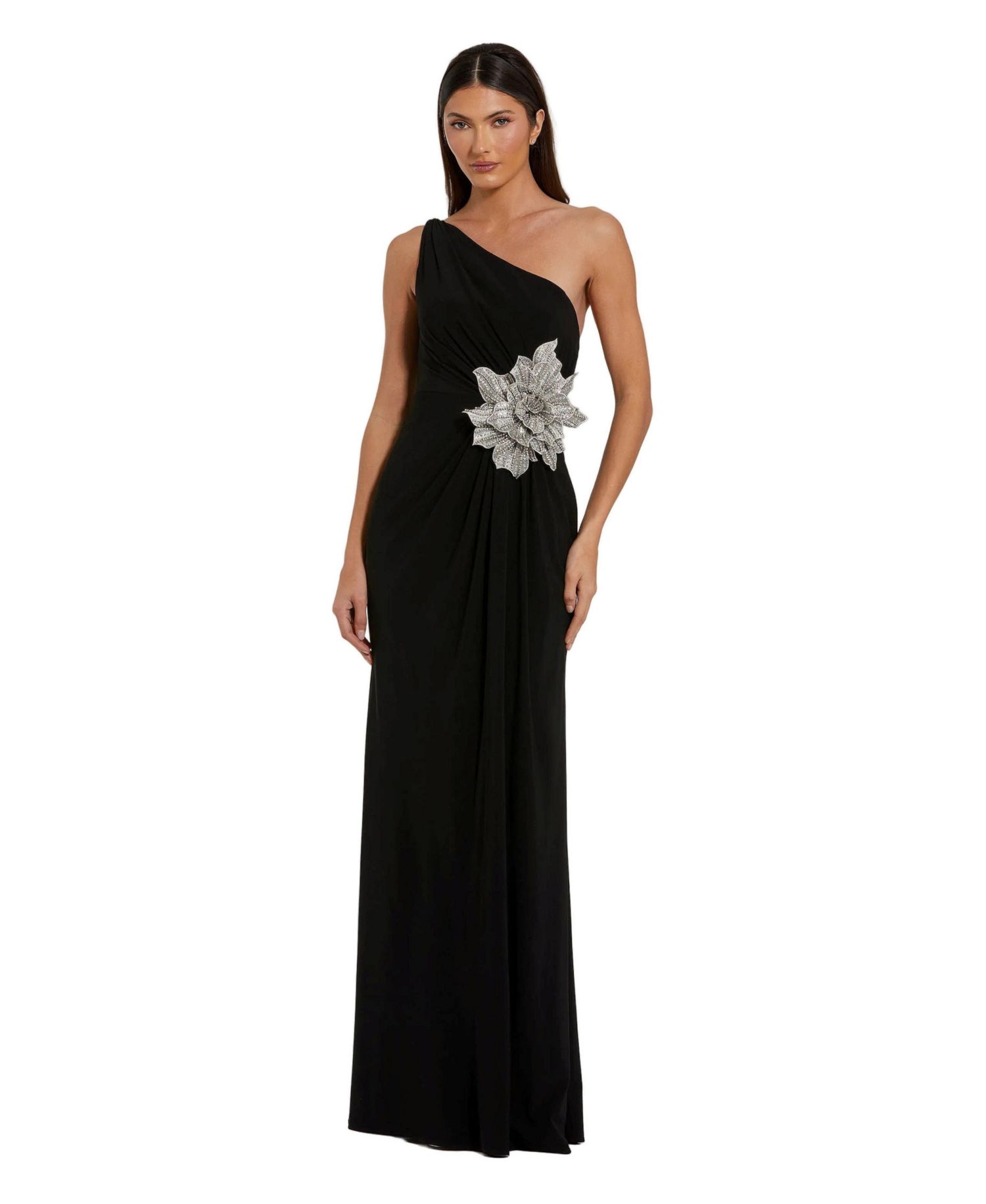 Women's One Shoulder Jersey Gown with Rhinestone Floral Applique