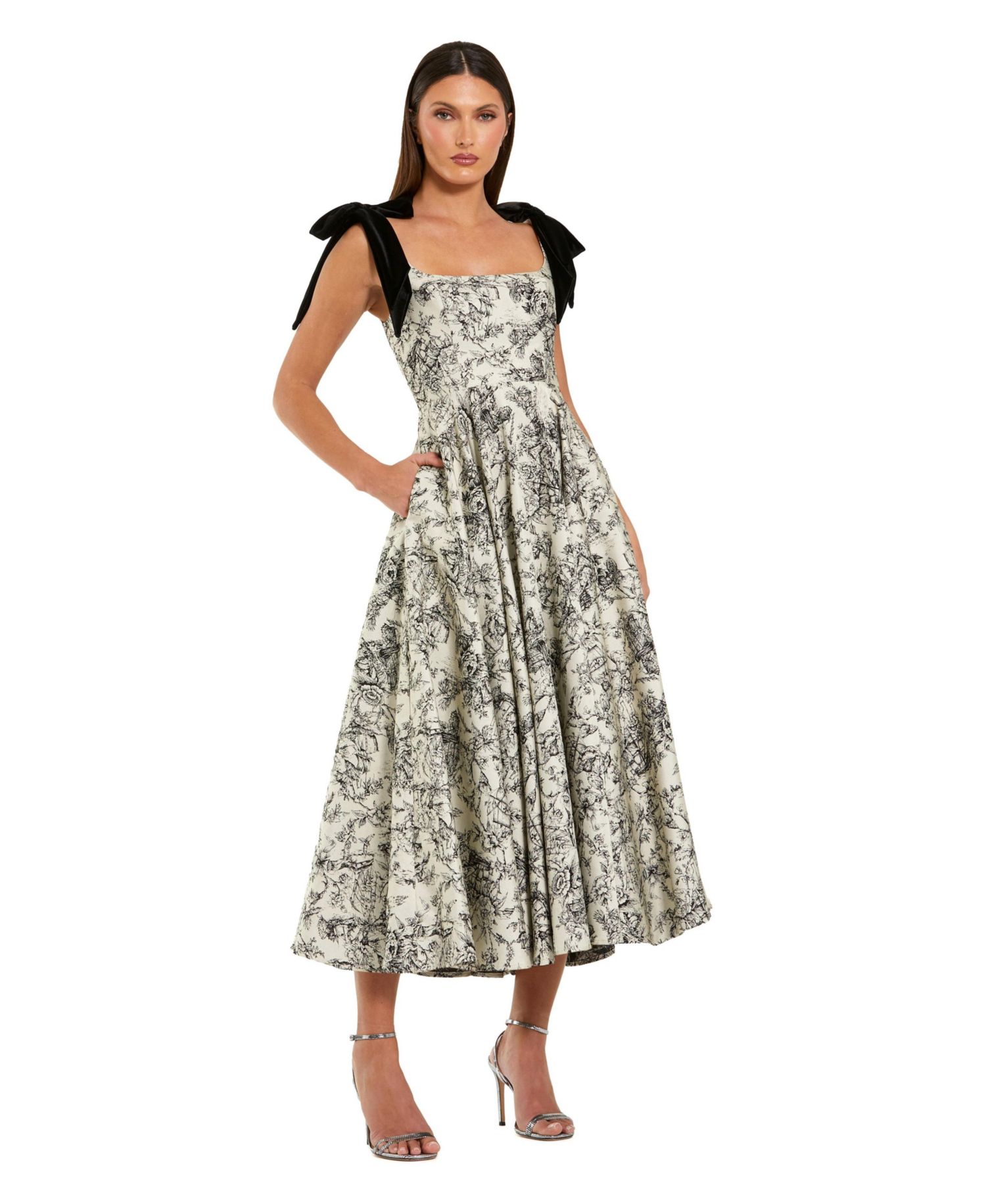 Women's Floral Brocade A-Line Midi Dress with Bow Straps