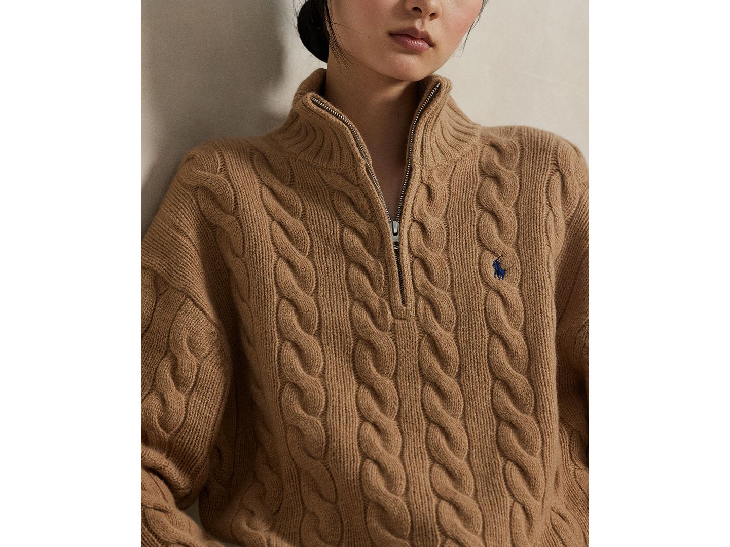 Женский свитер Polo Ralph Lauren Cable-Knit Half-Zip Wool-Cashmere, цвет: Верблюжий меланжевый — фото 3
