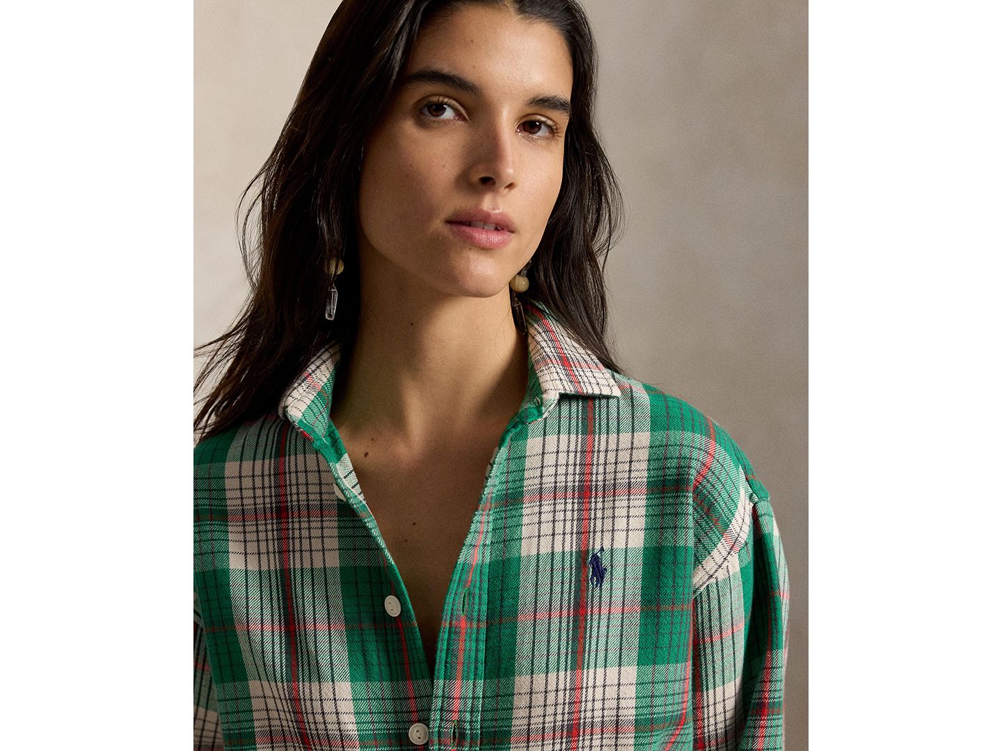Женская рубашка Polo Ralph Lauren Cotton Twill Woven Collared, цвет: Зелёный кремовый разноцветный — фото 3