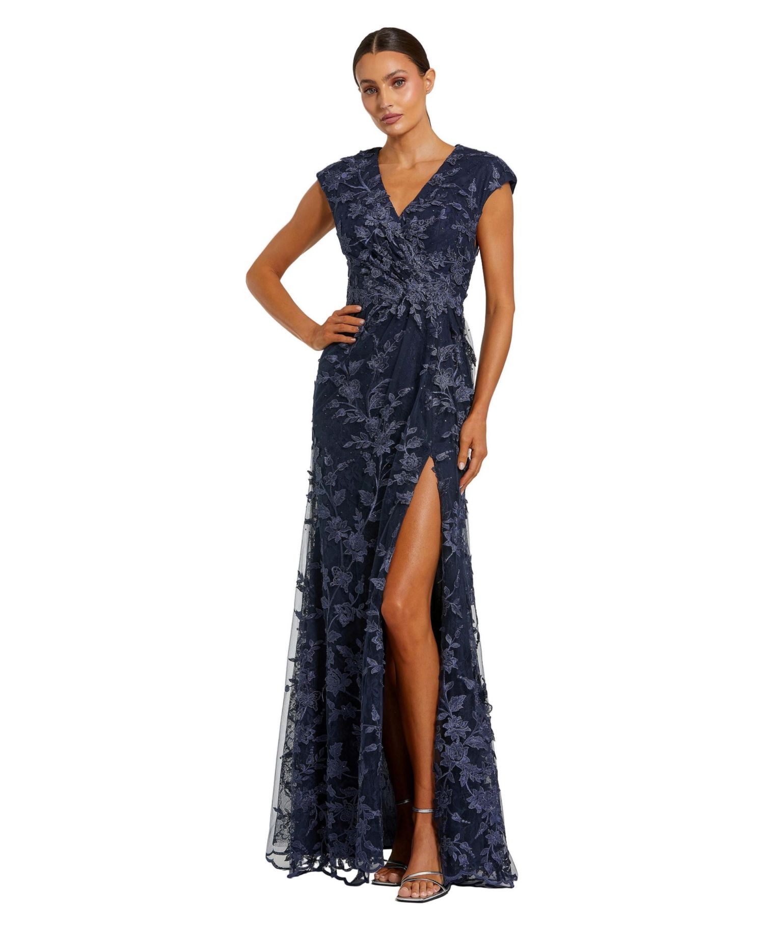 Petite Faux Wrap Embroidered Cap Sleeve Gown