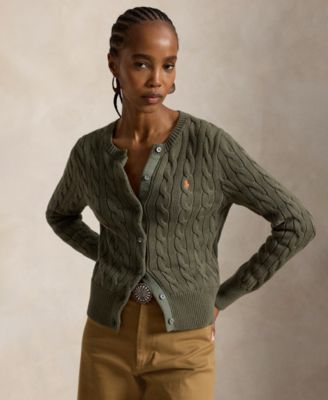 Women's Cable-Knit Cotton Crewneck Cardigan Sweater