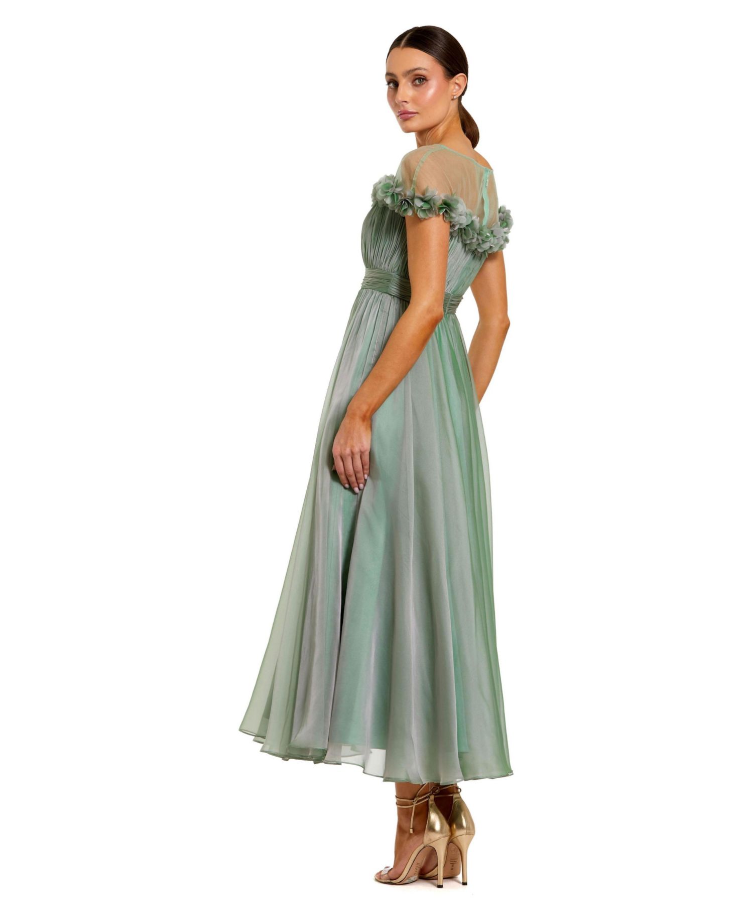 Women's Chiffon Illusion Neck Midi Dress With 3D Flowers