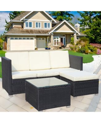 5 Piece PE Rattan Patio Furniture Set, Outdoor Wicker Sectional Sofa with Cushion, Tempered Glass Coffee Table and Ottoman