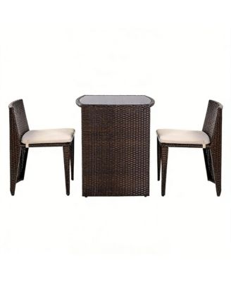 3 Pieces Cushioned Wicker Patio Bistro Set, No Assembly Needed