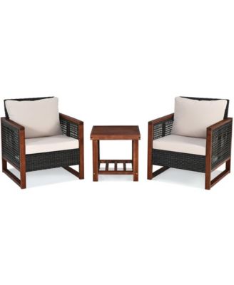 3 Pieces Acacia Wood Patio Furniture Set with Coffee Table and Cushions