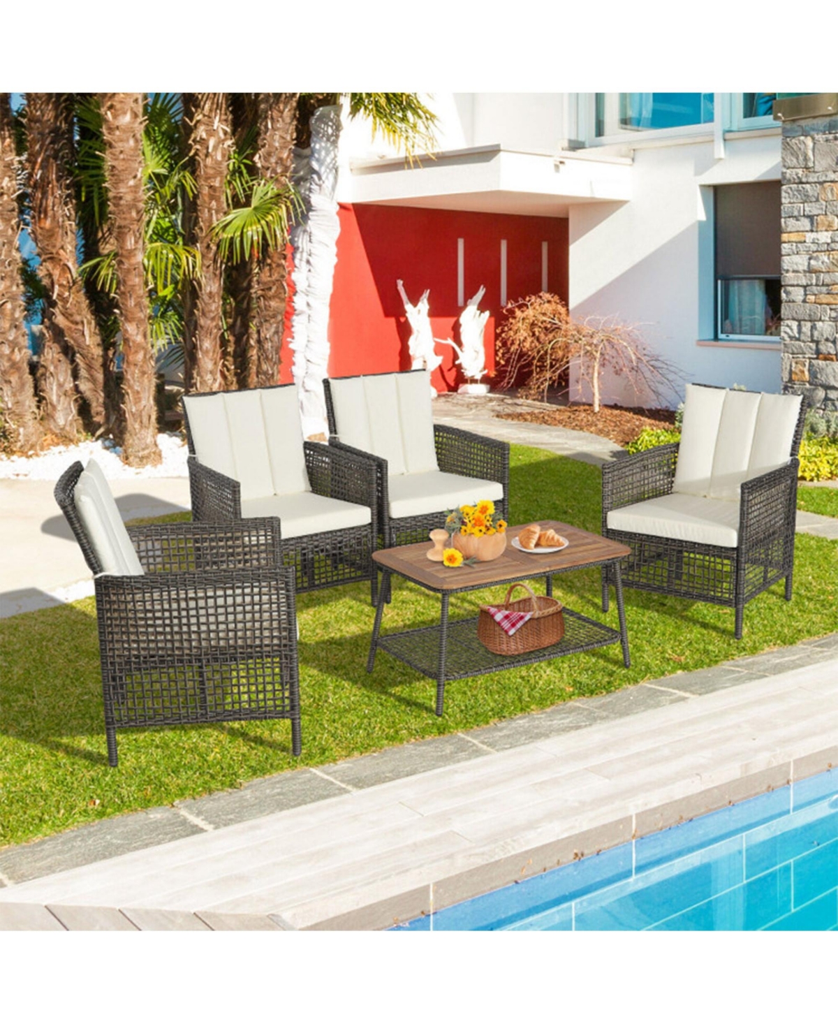 Clihome 5 Pieces Patio Rattan Furniture Set Cushioned Sofa Wooden Tabletop