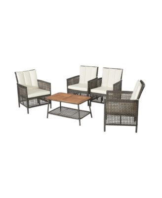 5 Pieces Patio Rattan Furniture Set Cushioned Sofa Wooden Tabletop