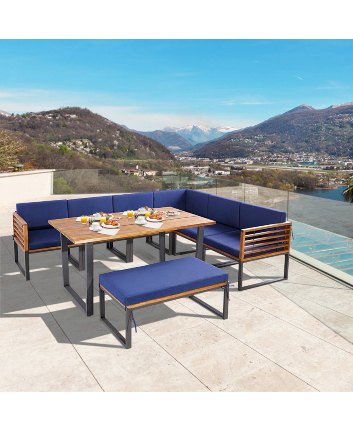 Clihome 8 Pieces Patio Acacia Wood Dining Set with Ottoman Cushions