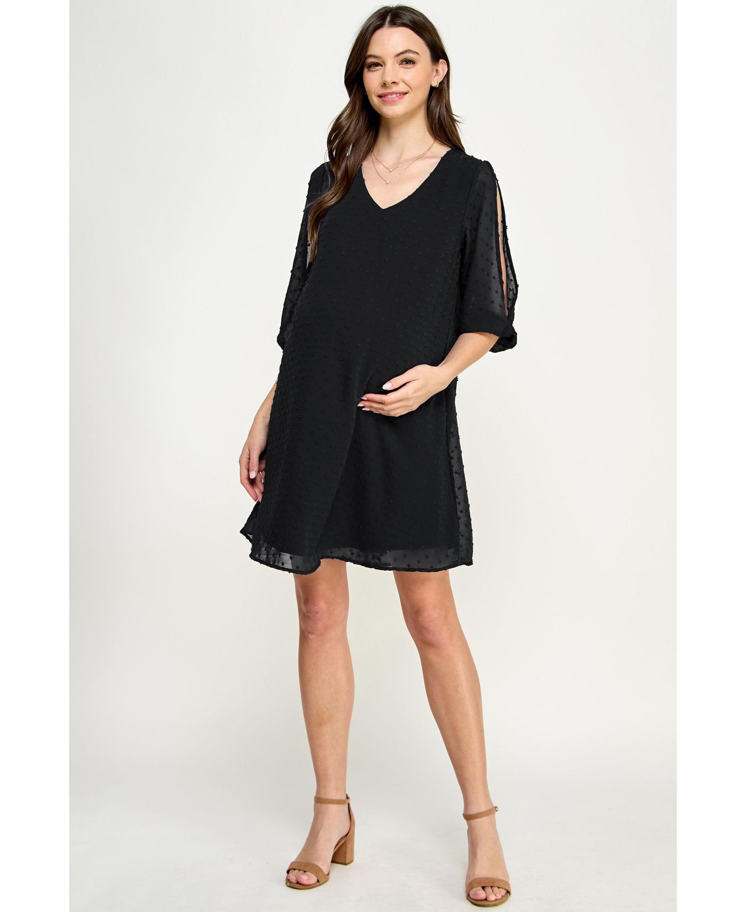 Women's Swiss Dot Split Sleeve V Neck Dress