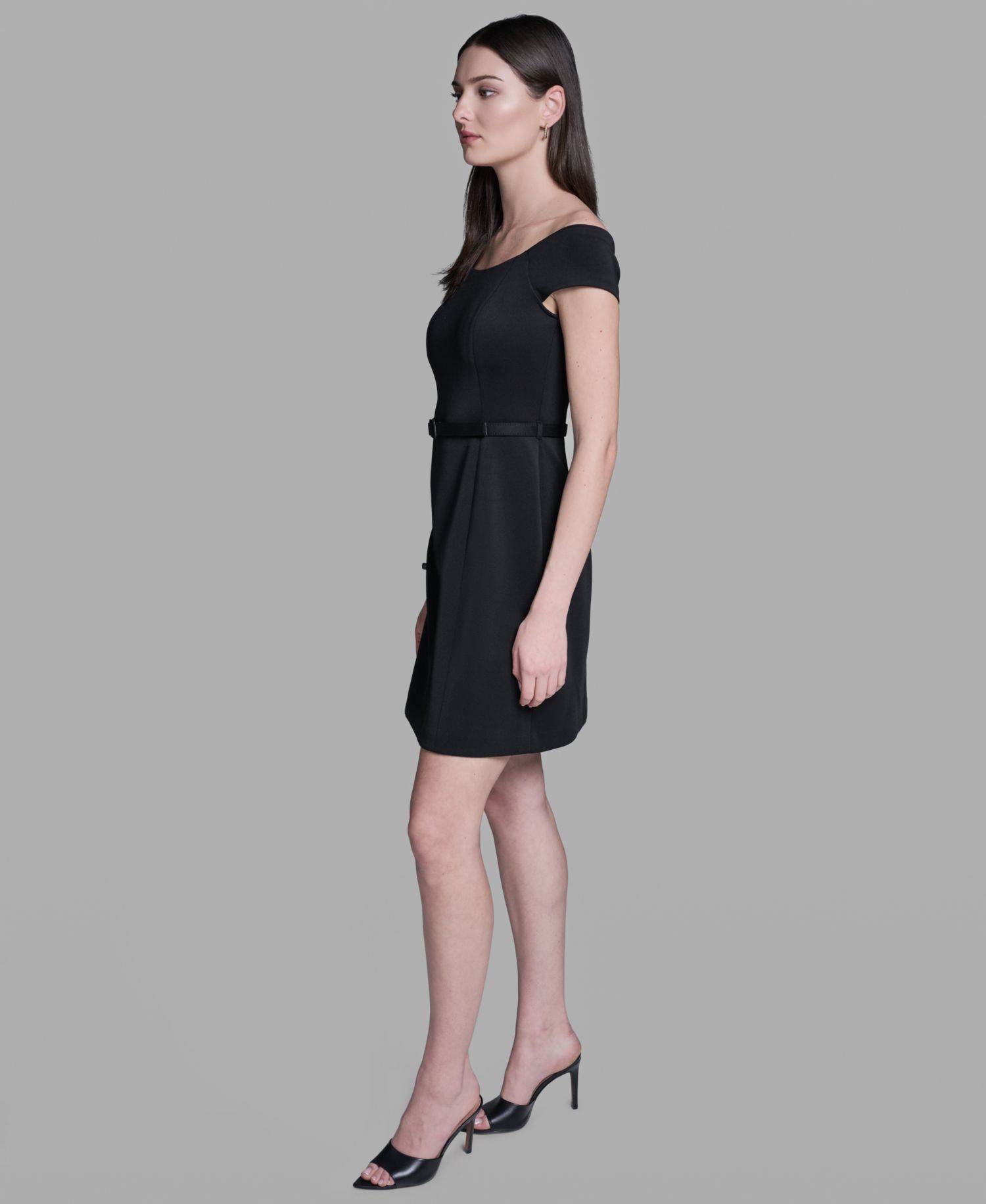 Women's Off-The-Shoulder Scuba Belted Mini Fit & Flare Dress