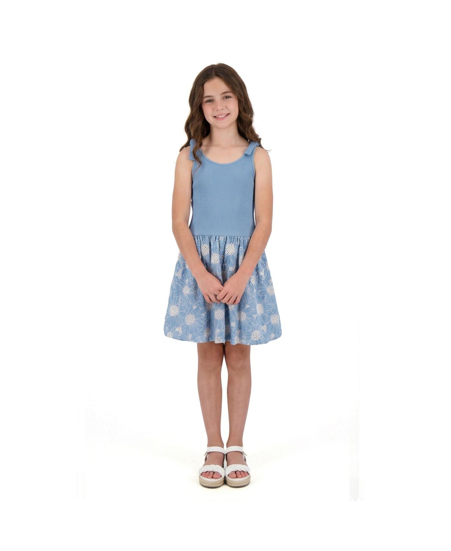 Платья Andy & Evan Floral Eyelet Rib Knit Bow Shoulder Dess для девочек, цвет: Белый — фото 4