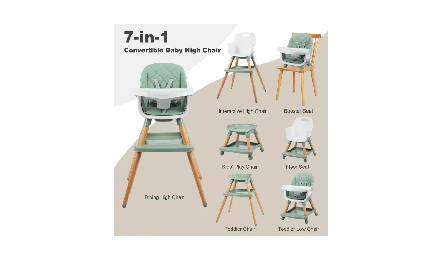 7-in-1 Convertible Baby High Chair with Removable Tray and 5-Point Harness