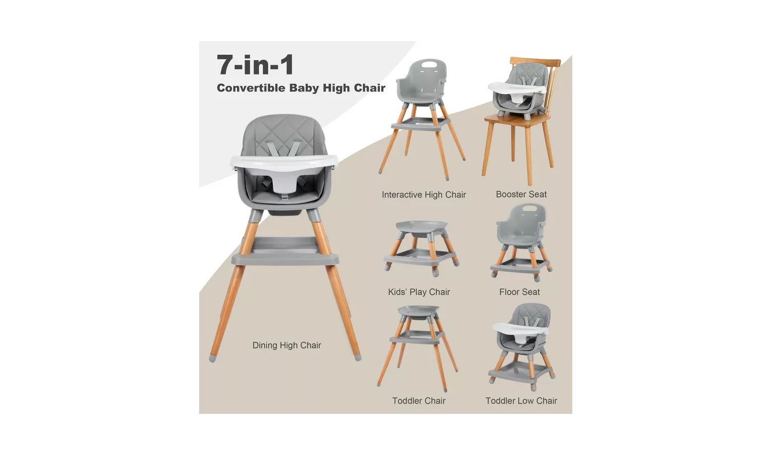 7-in-1 Convertible Baby High Chair with Removable Tray and 5-Point Harness