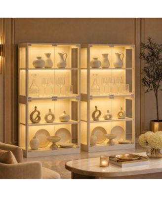 Set of 2 Glass Display Cabinet 4-Tier - Curio Cabinet with Glass Doors and 3-Color LED Lights, Human Sensor, USB Charging Ports