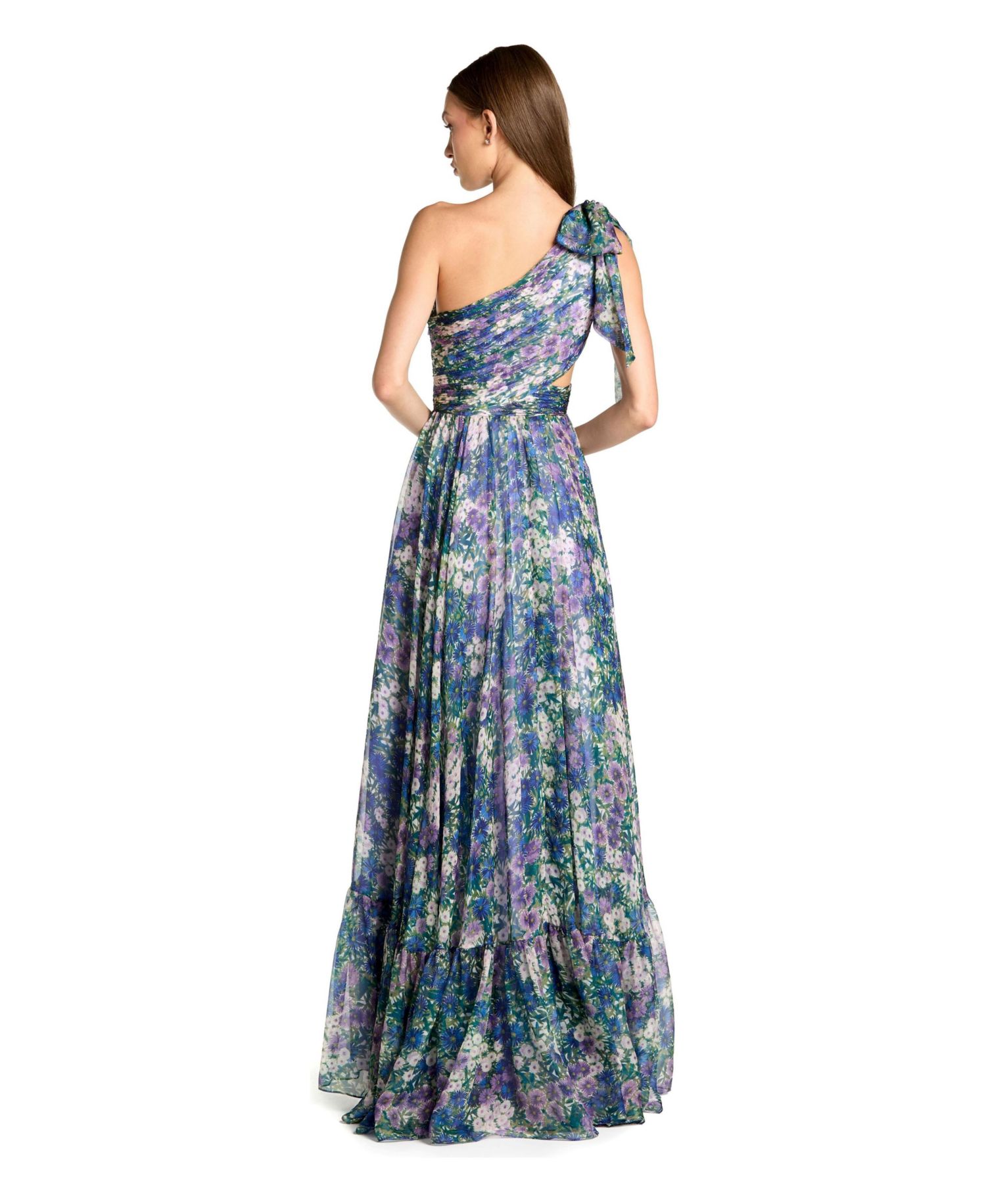 Petite One-Shoulder Floral Printed Chiffon Cutout Gown
