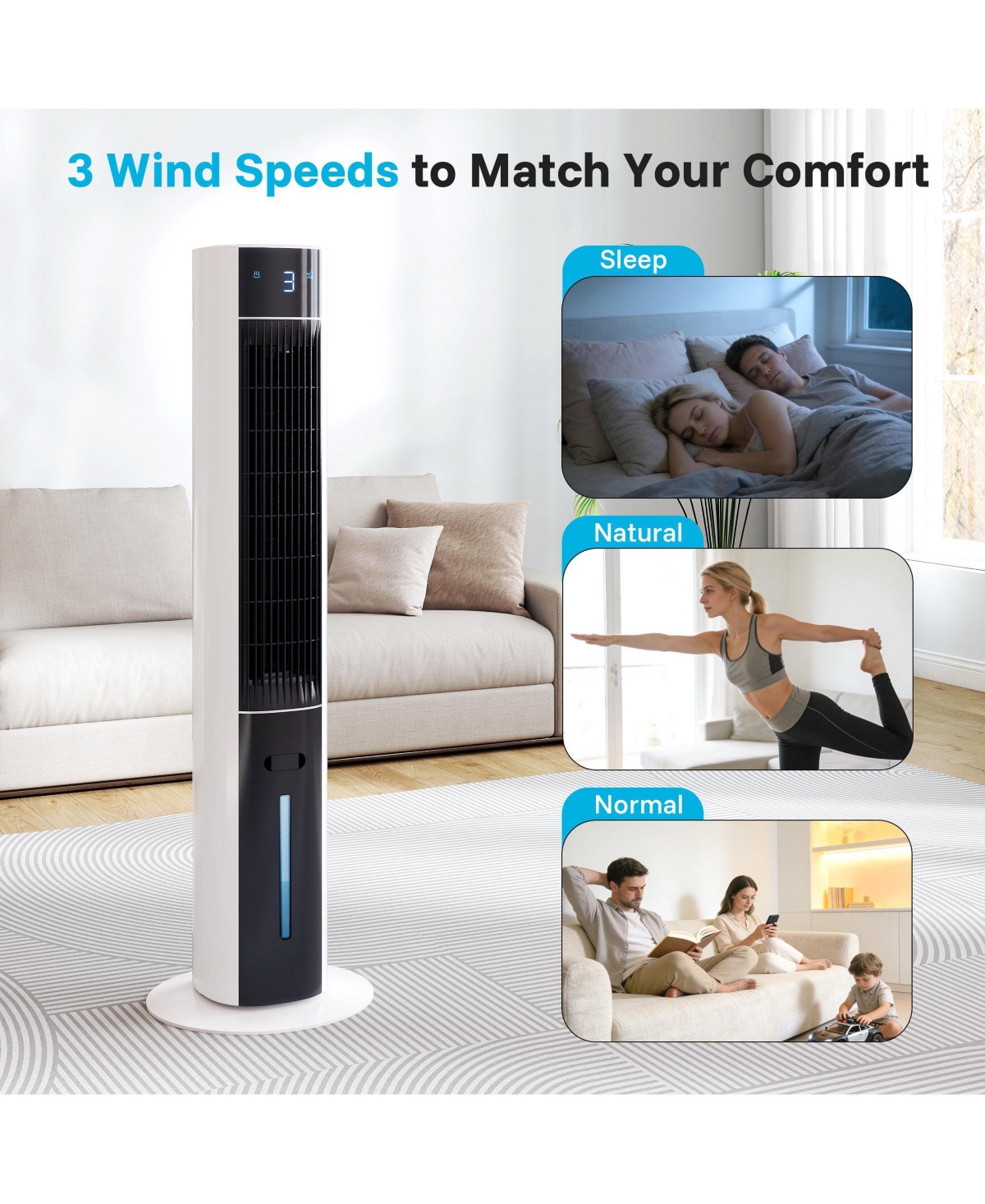 Etust Bladeless Tower Fan with Water Tank and 2 Ice Packs, Oscillating Air Cooler Fan with Remote Control
