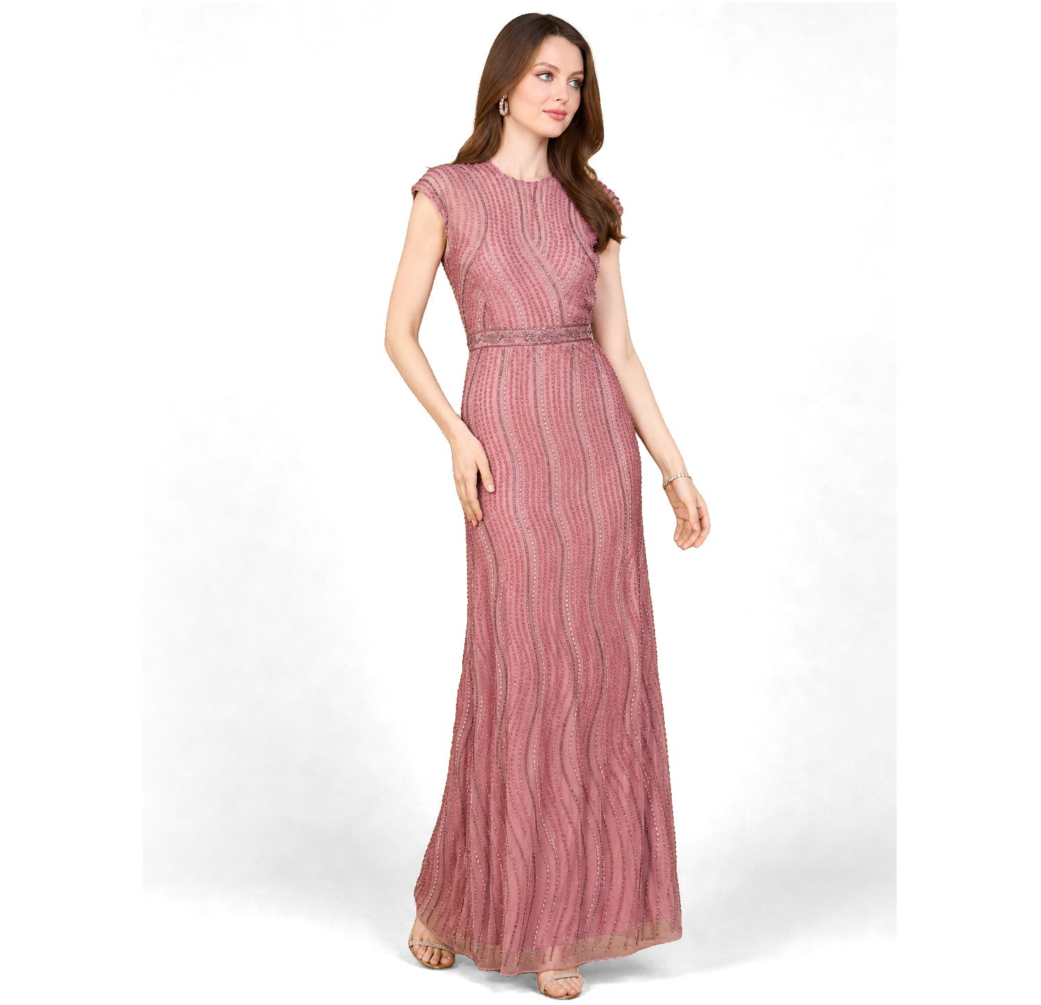 Women's Cap Sleeve, Illusion Neck Beaded Gown