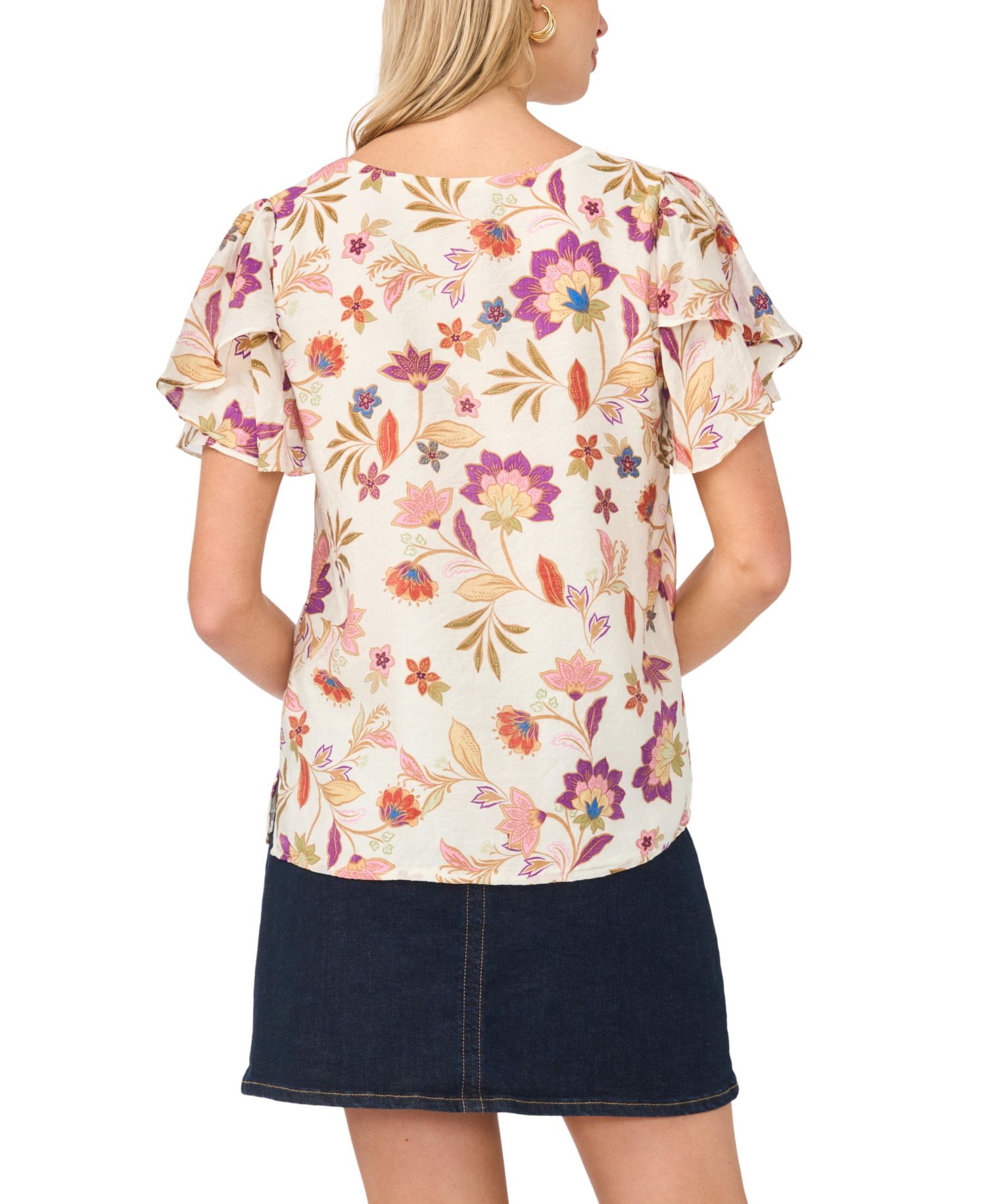 Women's Printed V-Neck Ruffle Seam Top