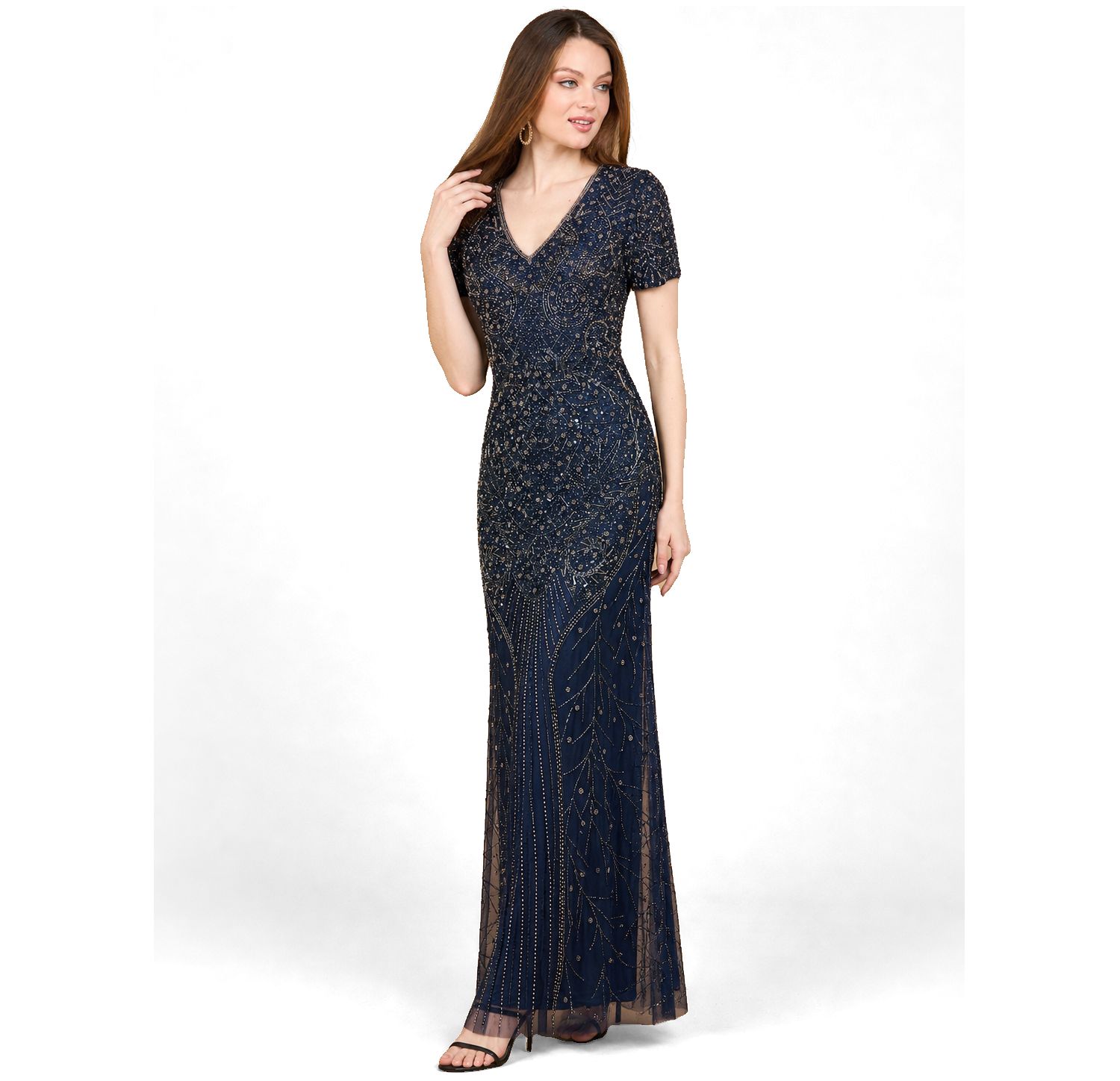 Women's Short Sleeve Sheath Beaded Gown