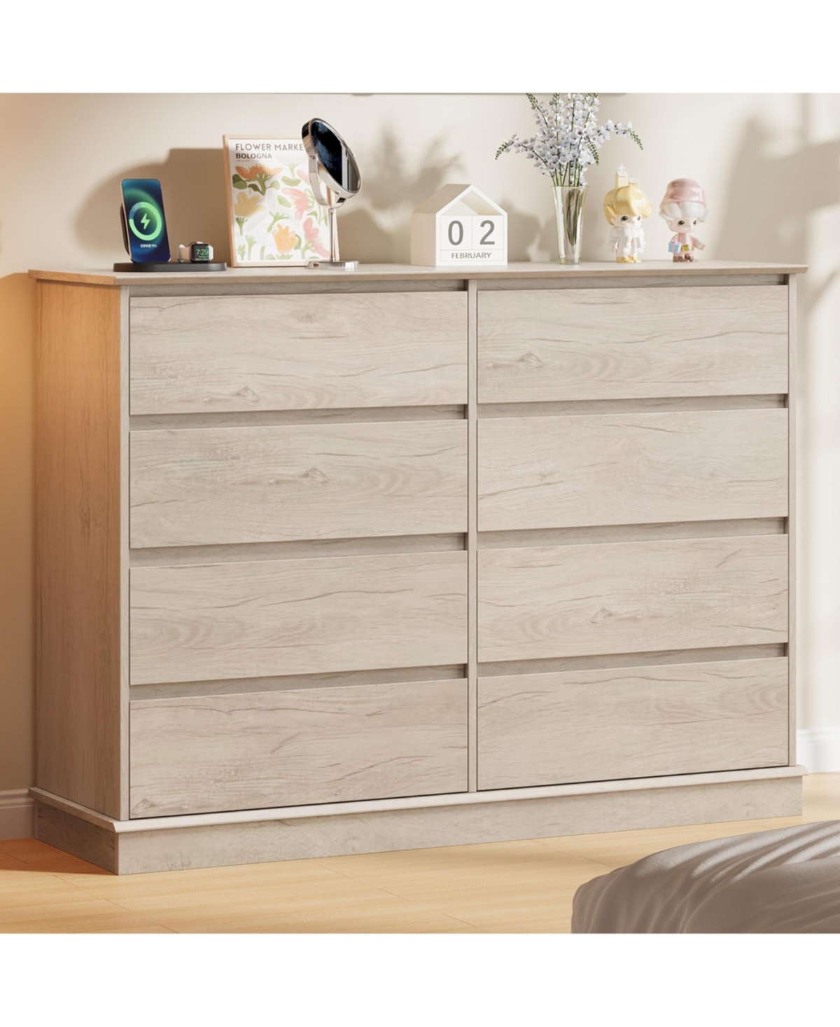 homfan Engineered Wood Dresser with Smooth-Glide Faux-Linen-Lined Drawers, Integrated Pulls and Wide Top, Raised Base for Stable Bedroom Storage