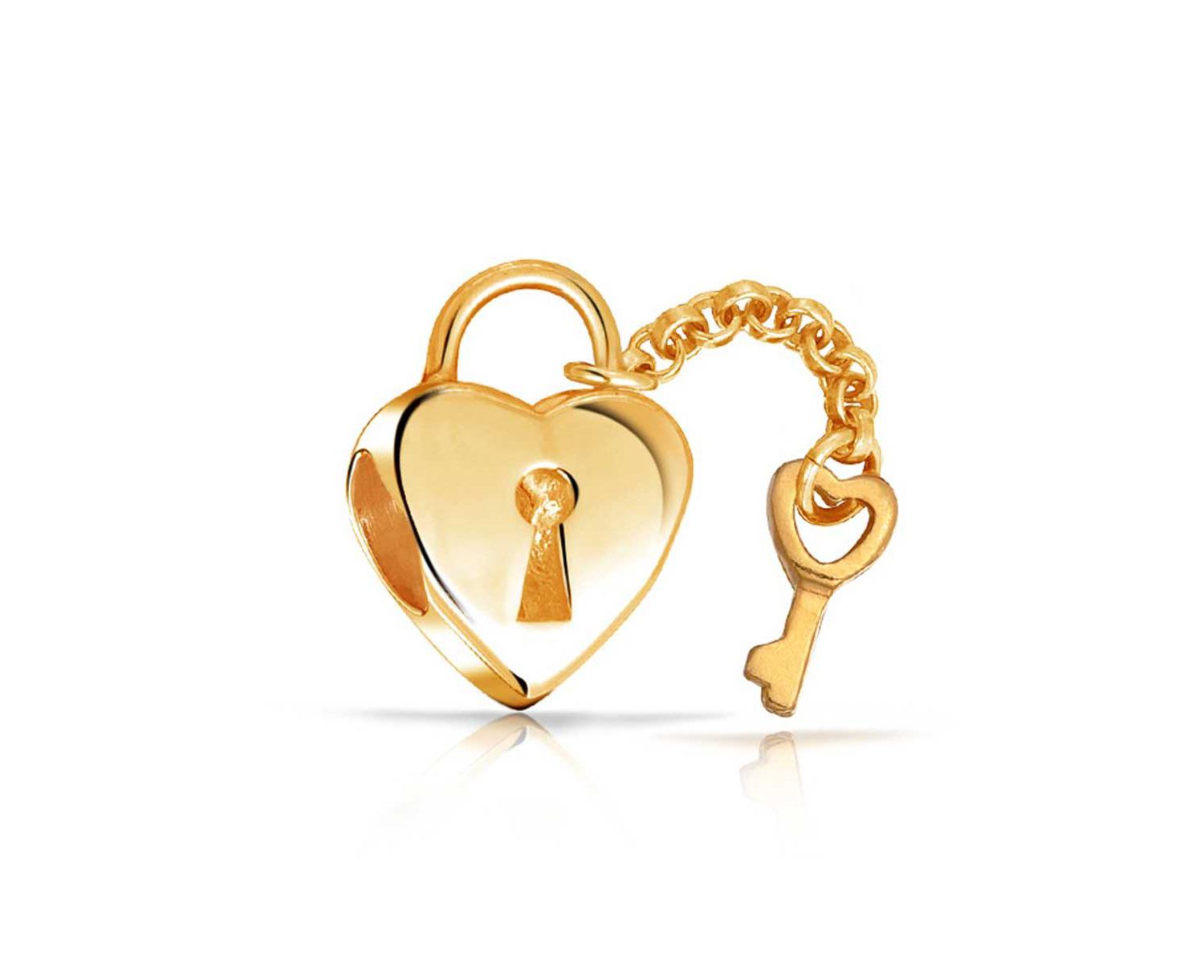 .925 Sterling Silver Heart Shape Lock and Key Charm Bead Two Tone Gold Plated for Bracelet