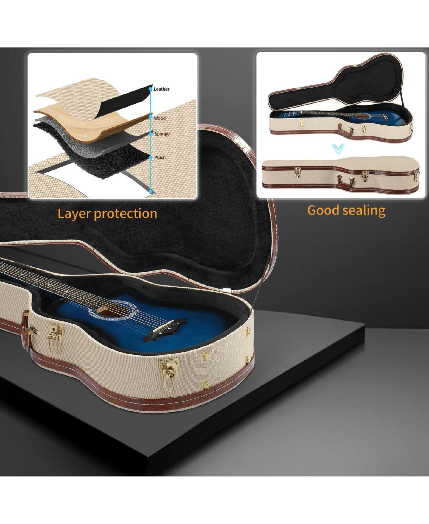 Балетки Yescom 39" Classical Guitar Hard Case with Lock Accessory Compartment for Airline Travel Guitar Hardshell Carrying Case Microgroove, цвет: Natrual — фото 4