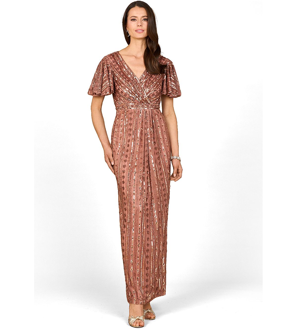 Lara Women's Fully Beaded Gown with Flutter Sleeves view 1 — MAYCSS fashion products