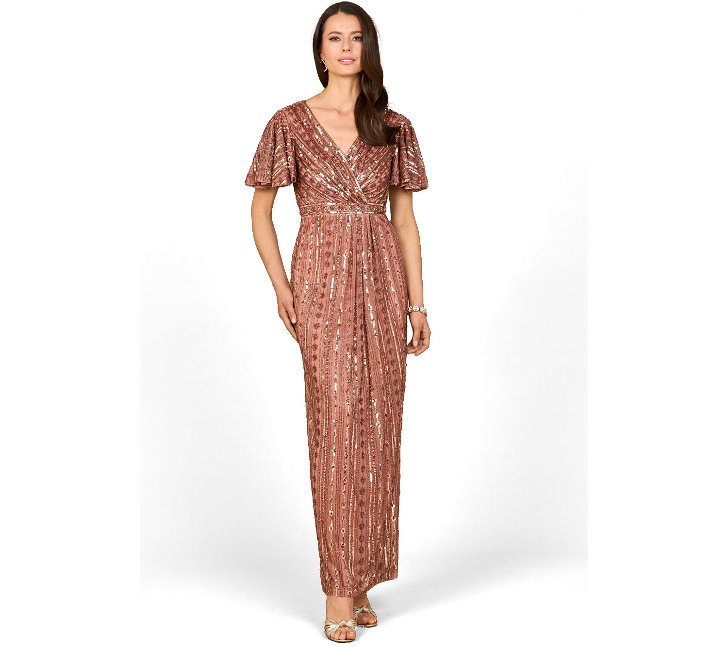 Women's Fully Beaded Gown with Flutter Sleeves