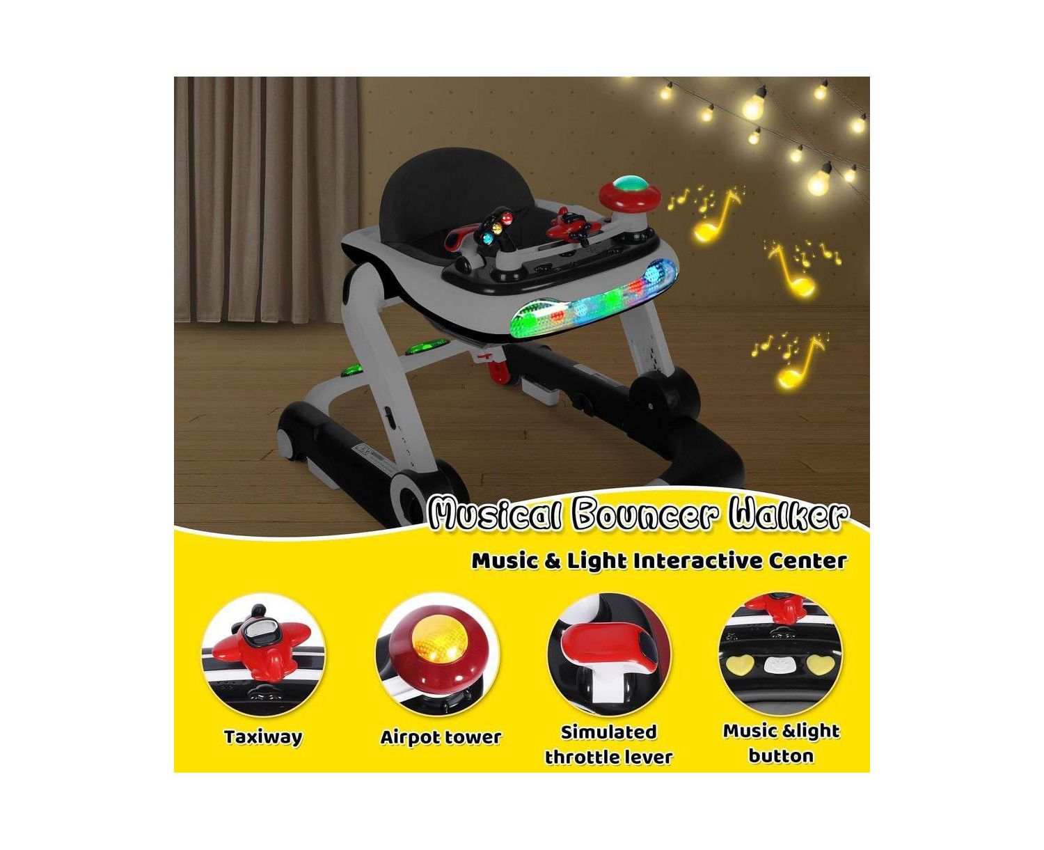 5-in-1 Baby Activity Walker with Music and Lights, Adjustable Height and Safety Bumper