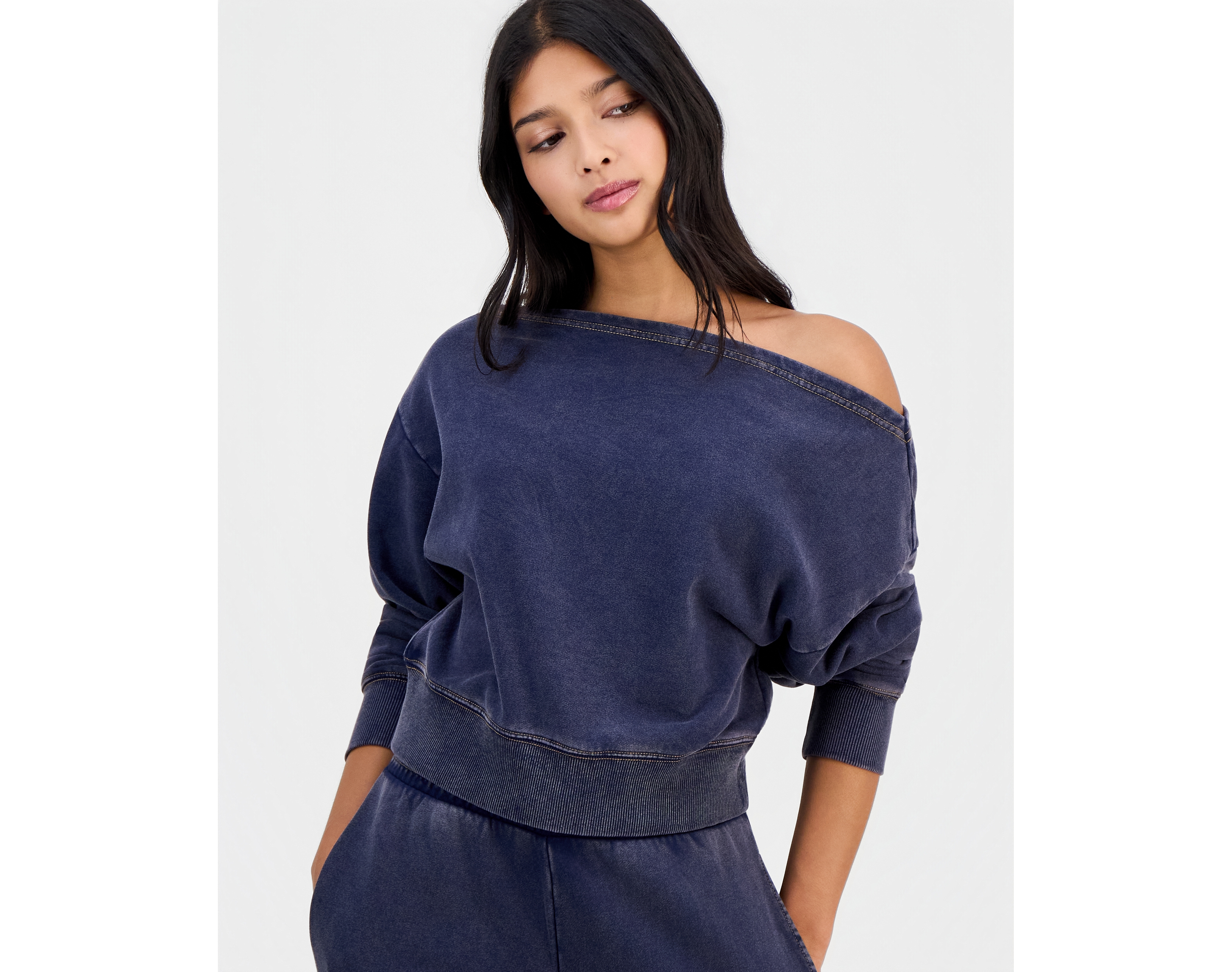 And Now This Petite Faux-Denim French Terry Off-The-Shoulder Top, Macy's Exclusive