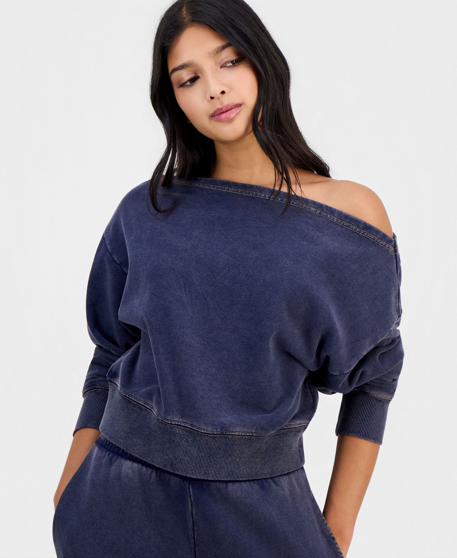 Petite Faux-Denim French Terry Off-The-Shoulder Top