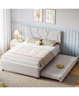 Bed Frame with Trundle, Upholstered Platform Bed Frame,  Pull Out Bed with Headboard, Wood Slat Support, for Bedroom, Living Room