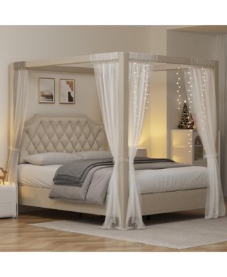  Canopy Bed Frame with Nailhead Decoration Headboard,Upholstered Bed Frame with Poles 4 Corner Bed Bracket, Wood Slats Support