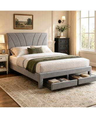 Velvet Upholstered Platform Bed with 2 Storage Drawers – Adjustable Headboard, No Box Spring Needed, Easy Assembly