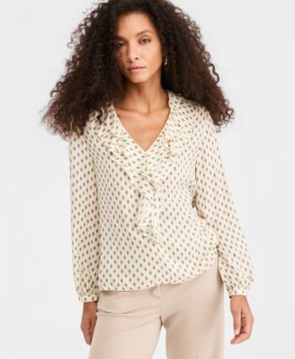 Women's Flounce-Detail V-Neck Long-Sleeve Blouse