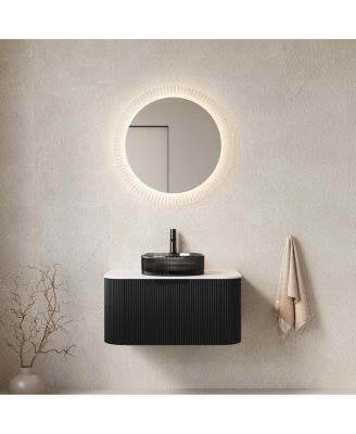 Wall Mounted Bathroom Vanity with Glass Vessel Sink, 3D Stripe Plywood Cabinet, Soft Close Drawer, Pre-assembled