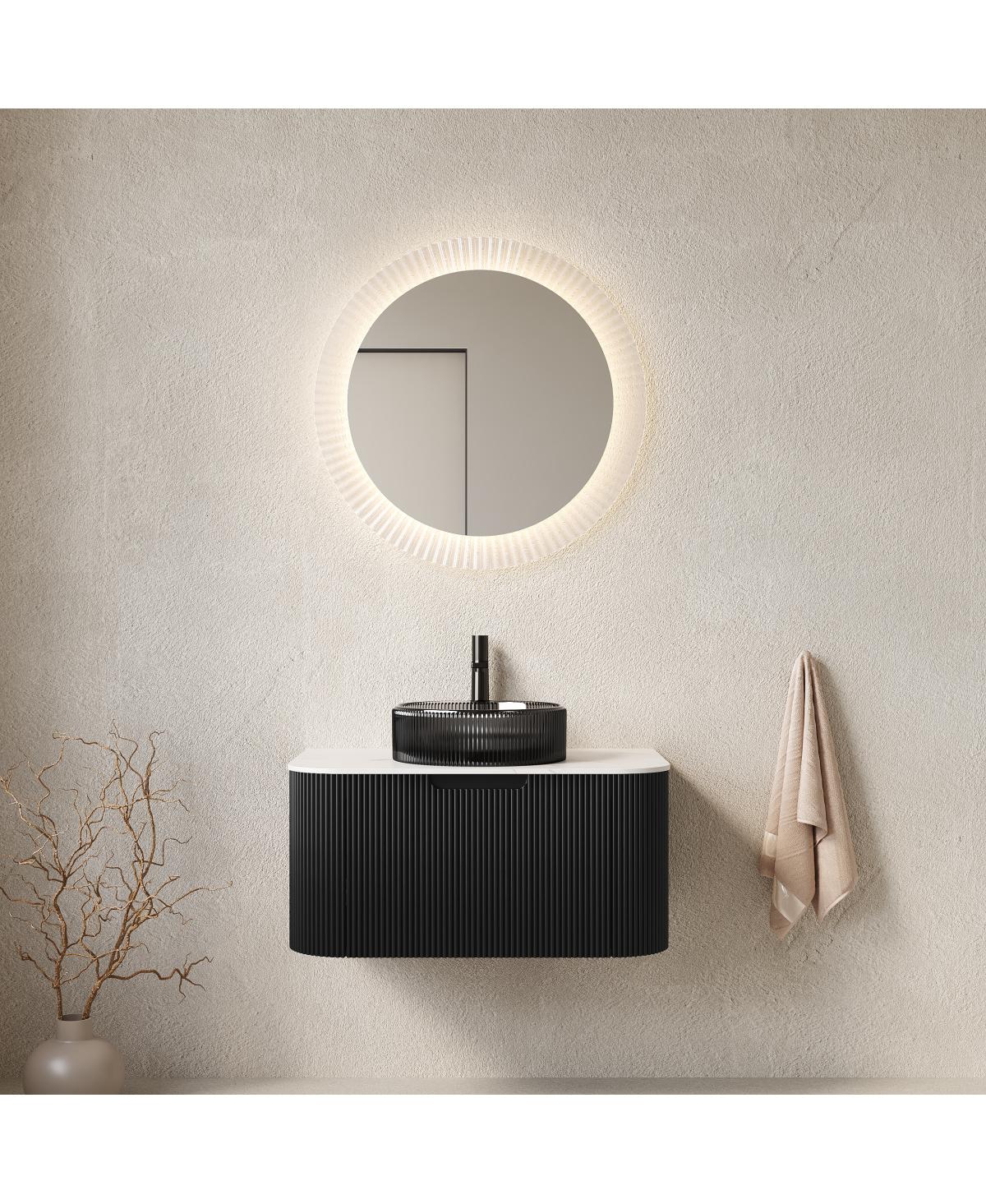 Sillysis Wall Mounted Bathroom Vanity with Glass Vessel Sink, 3D Stripe Plywood Cabinet, Soft Close Drawer